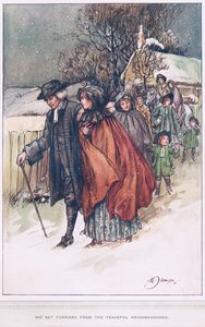 "Partimos da vizinhança pacífica", ilustração de "O Vigário de Wakefield" de Oliver Goldsmith, c.1910